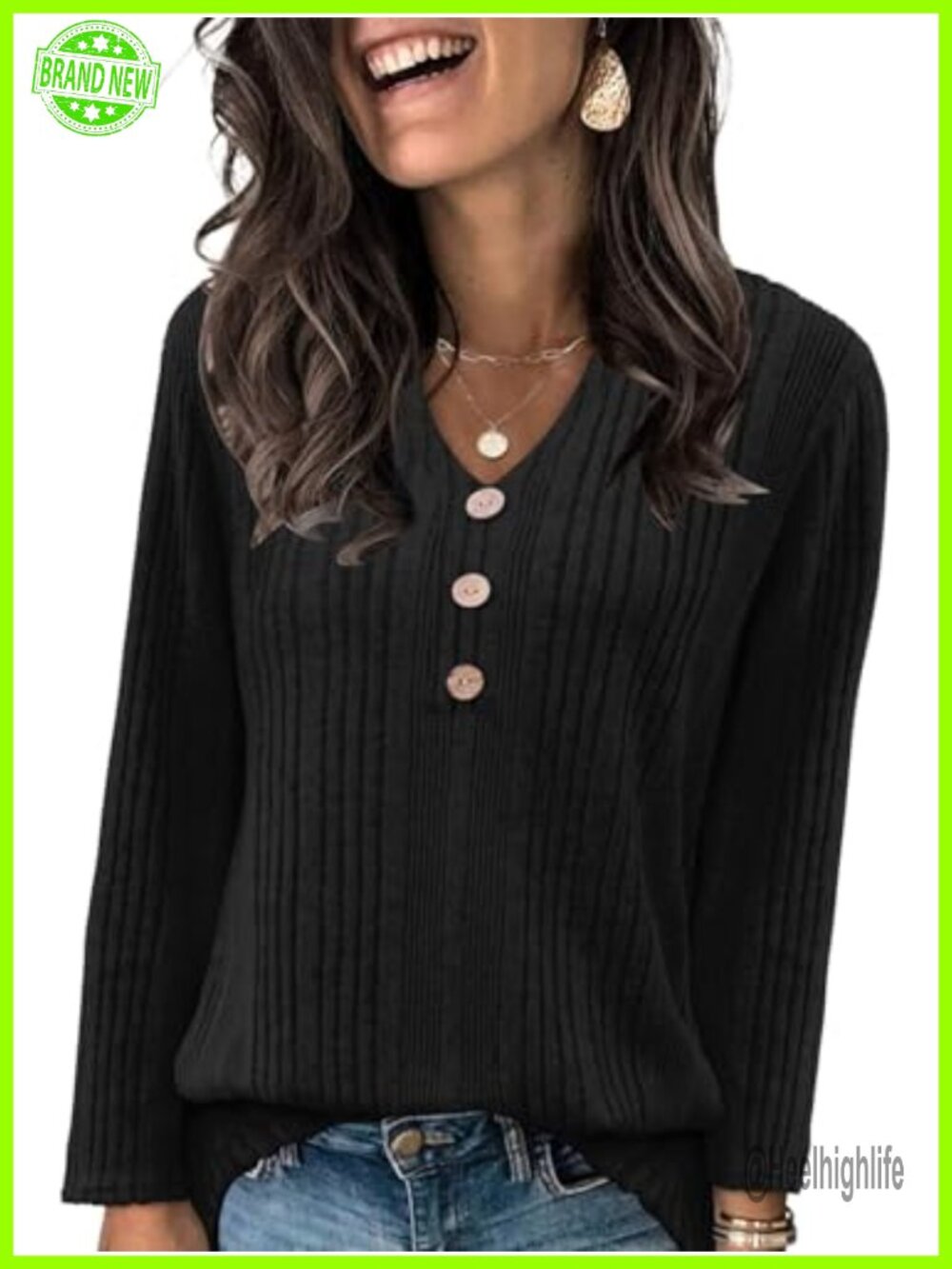 Women's Henley V-Neck Long Sleeve Tunic Sweater Knit Button Top Fall